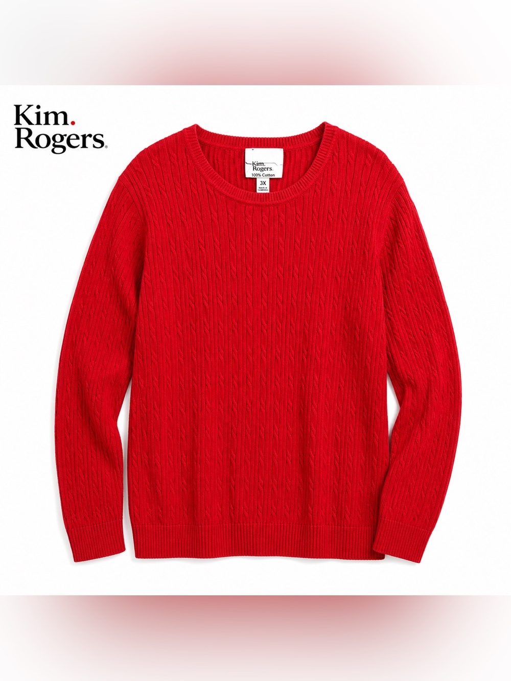 Kim Rogers Red Cable-Knit Crewneck Sweater 100% Cotton